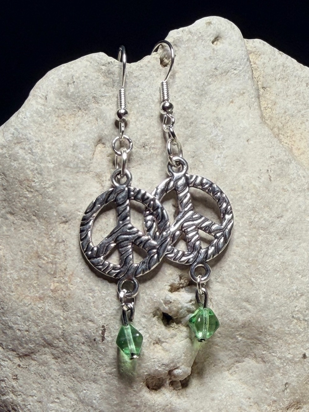 ✨Handmade✨ Silver Peace Sign Earrings with Green Crystal - Hypoallergenic